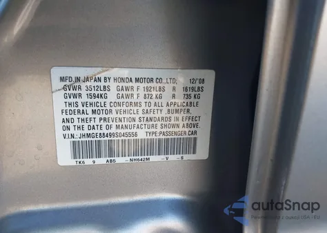 2009 Honda Fit Sport z USA, uszkodzony, nr VIN JHMGE88499S045556